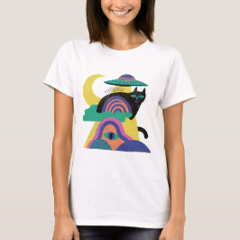 UFO Svart Katt Måne Konst T Shirt