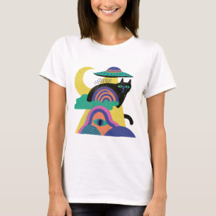 UFO Svart Katt Måne Konst T Shirt