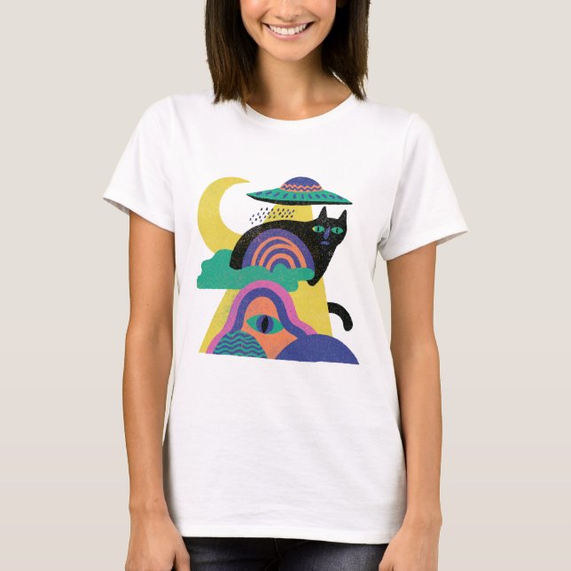 UFO Svart Katt Måne Konst T Shirt (Framsida)