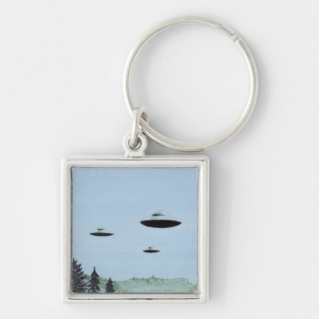 UFO Trio Fyrkantig Silverfärgad Nyckelring (Framsidan)