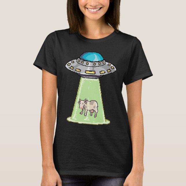 Ufo-Utomjording Tar Ko Retro Pixel T Shirt (Framsida)