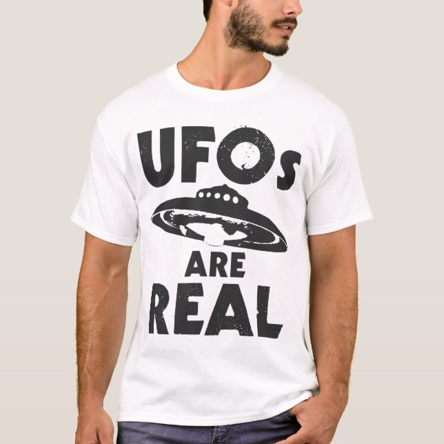 UFOs ÄR VERKLIG svart text Tee Shirt (Framsida)