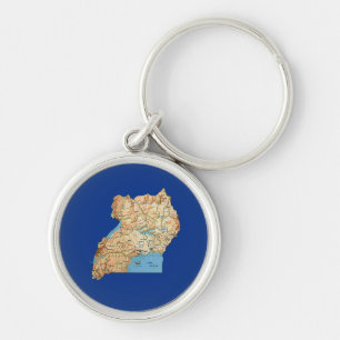 Uganda Karta Keychain Rund Silverfärgad Nyckelring