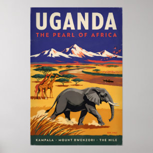 Uganda Safari Illustration Resa Konst Vintage Poster