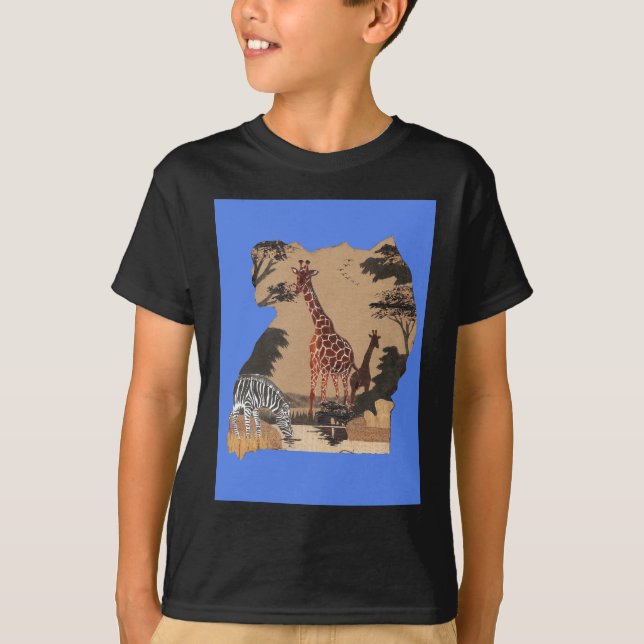 Uganda Wildlife Karta Art Skriv ut Tee (Framsida)