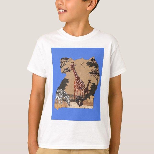 Uganda Wildlife Karta Art Skriv ut Tee (Framsida)