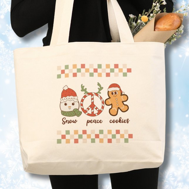 Uggig julskjorta Retro Jumbo Tygkasse (Retro Hippie Christmas Tote bag, Snowman, Snow,peace,cookies tote)