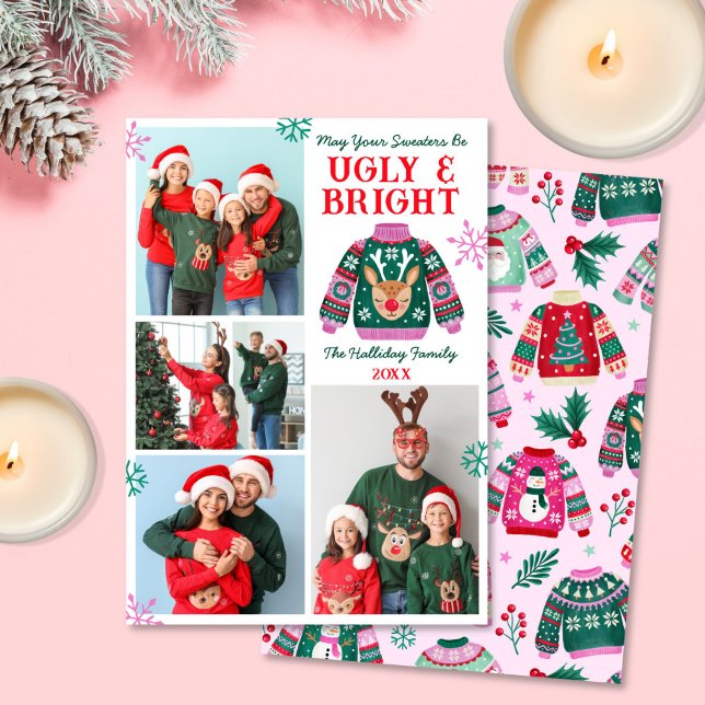 Uggig och ljus 4 Photo jul Sweater Collage Julkort (Ugly and Bright 4 Photo Ugly Sweater Christmas Holiday Card)