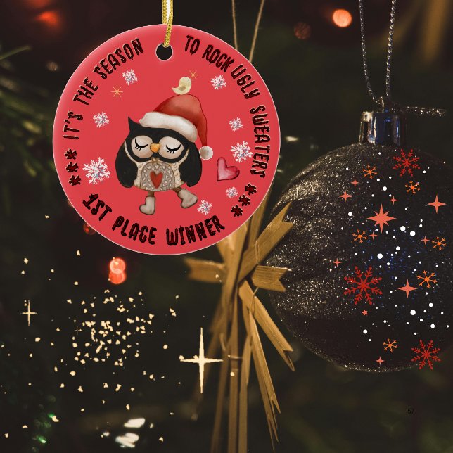 Uggig sötare 1:a vinnen Uggla Julgransprydnad Keramik (Ugly Sweater 1st Winner Owl Ceramic Ornament)