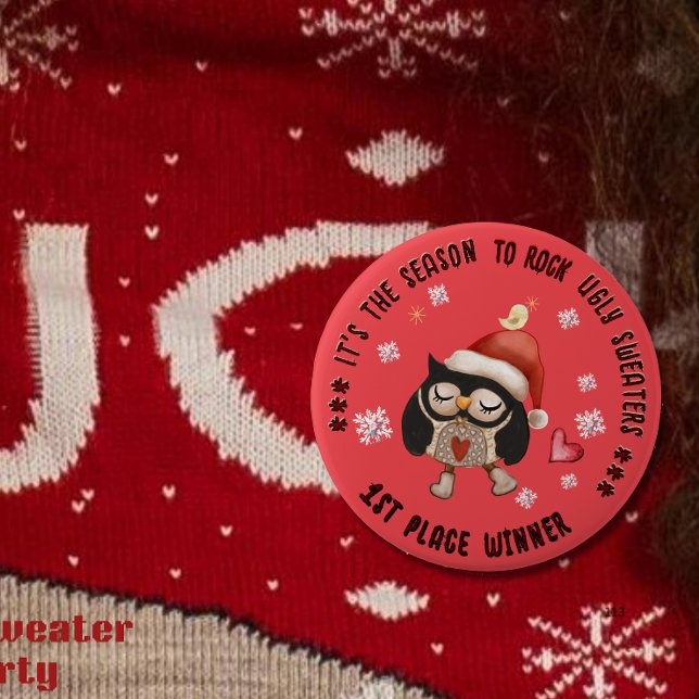 Uggig sötare 1:a vintern Röd Uggla Knapp (Ugly Sweater 1st Winner Red Owl Button)