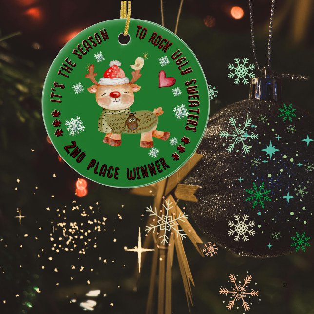 Uggig sötare 2:a vintern Hjort Julgransprydnad Keramik (Ugly Sweater 2nd Winner Deer Ceramic Ornament)