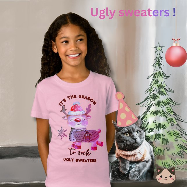 Uggig sötare Cute Rosa Hjort T-Shirt (Ugly Sweater Cute Pink Deer T-Shirt)