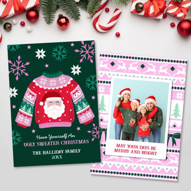 Uggig sötare med familjefoto Santa & Snöflingor Julkort (Ugly Sweater with Santa & Snowflakes Family Photo Holiday Card)
