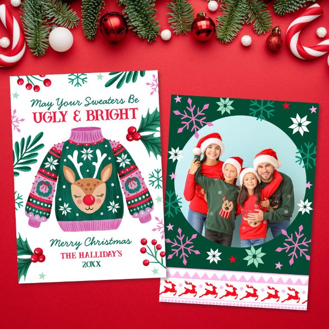 Uggig sötare med Reindeer Family Photo Julkort (Ugly Sweater with Reindeer Family Photo Holiday Card)