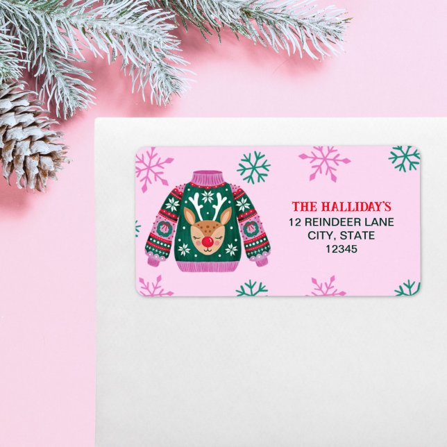 Uggig sötare med renar och Snöflingor Adressetikett (Ugly Sweater with Reindeer and Snowflakes Label)