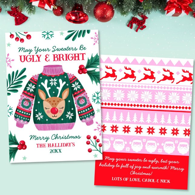 Uggig sötare med renrött och Grönt Julkort (Ugly Sweater with Reindeer Red and Green Holiday Card)