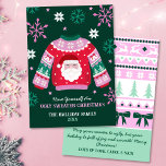 Uggig sötare med Santa & Snöflingor Julkort<br><div class="desc">Den här fula tröjan har en söt jumper med snöflingor som gräns i en färg palett med mörk grönt, röd och rosa. På baksidan av designen finns ett faux sticka jul mönster med plats för att lägga till ett budskap. Du kan anpassa all information på det här kortet. Se hela...</div>