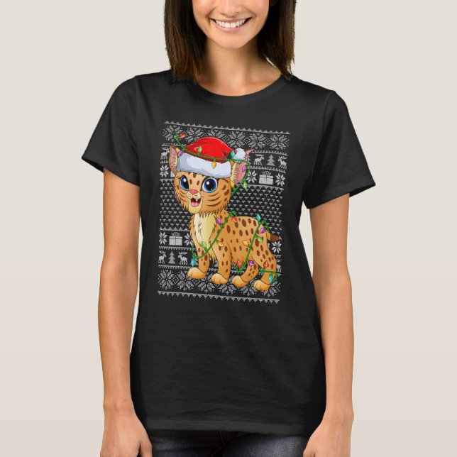 Uggig sötare Stil Julafton Ljus Santa Bobcat Krist T Shirt (Framsida)