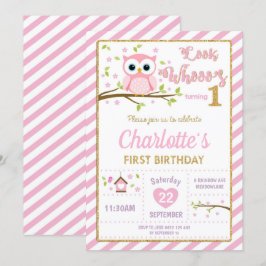 Uggla 1:a födelsedagsinbjudan Flickor Rosa och Gul Inbjudningar