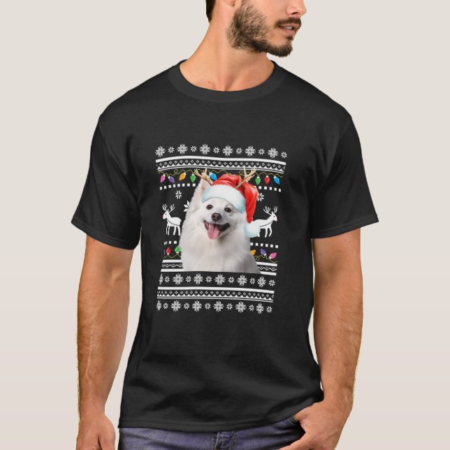 Uggla American Eskimo jul Ljus hund Julafton T Shirt (Framsida)