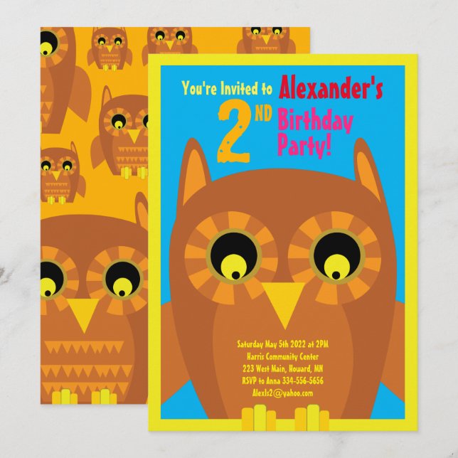 Uggla Animal Barn Födelsedagsfest inbjudan (Fram/baksida)