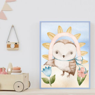 Uggla, Baby djur, Boho, Flowers, Regnbåge Poster