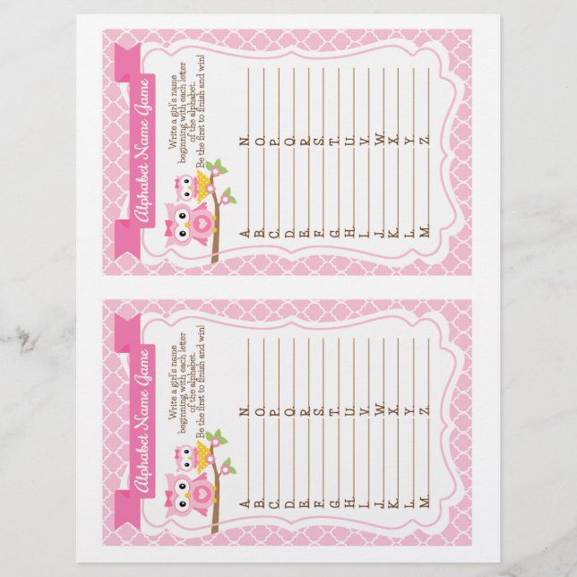 Uggla Baby Shower Alphabet Namn Game (Framsida)