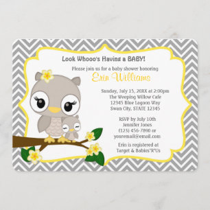 Uggla Baby Shower-inbjudan Chevron Grått Gult 160 Inbjudningar