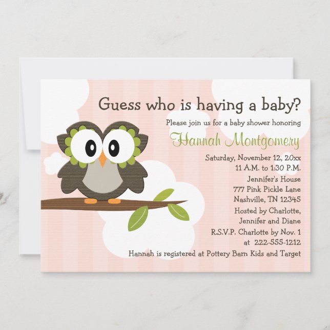 Uggla Baby Shower-inbjudan Inbjudningskort Rosa (Framsida)