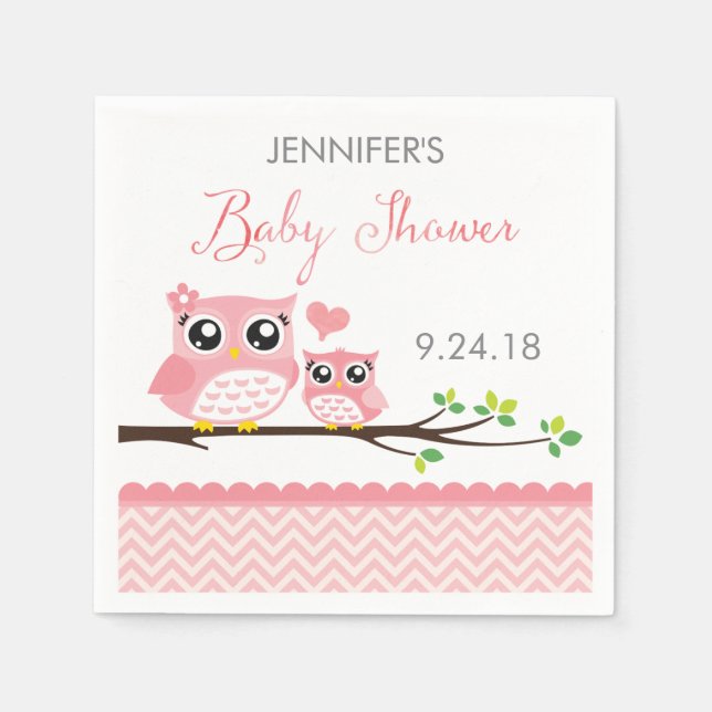 Uggla Baby Shower Napkins | Anpassningsbar Rosa Ch Pappersservett (Framsidan)