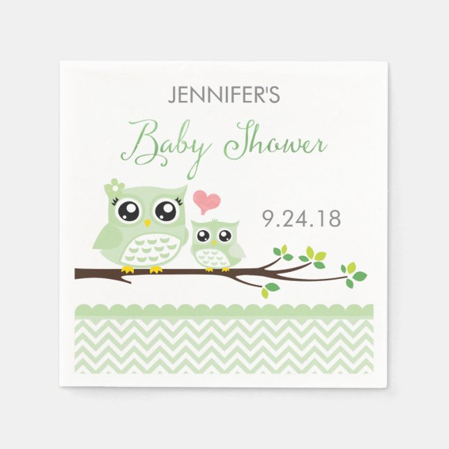 Uggla Baby Shower Napkins | Grönt Chevron Pappersservett (Framsidan)