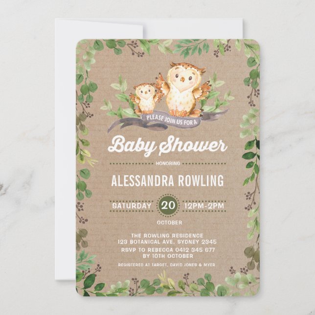Uggla Baby Shower Rustic Woodland Greenery Inbjuda Inbjudningar (Framsida)