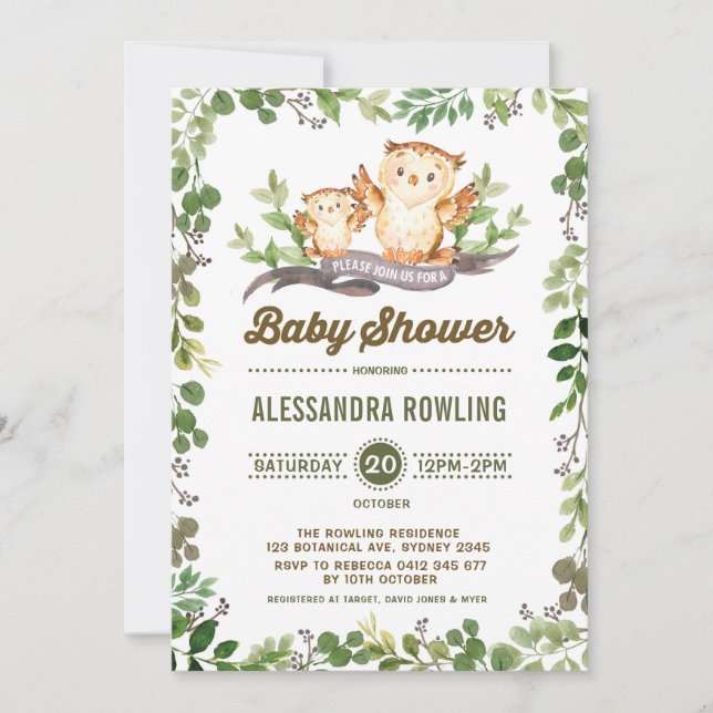 Uggla Baby Shower Woodland Greenery Forest Inbjuda Inbjudningar (Framsida)