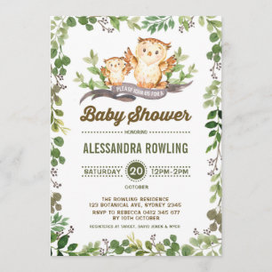 Uggla Baby Shower Woodland Greenery Forest Inbjuda Inbjudningar