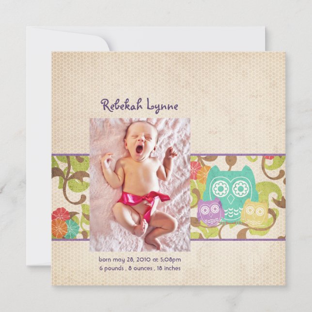 Uggla Baby Tillkännagivande för födelse Meddelande (Framsida)