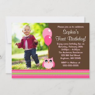 Uggla Ballonger Brown Rosa Foto födelsedag Inbjudningar