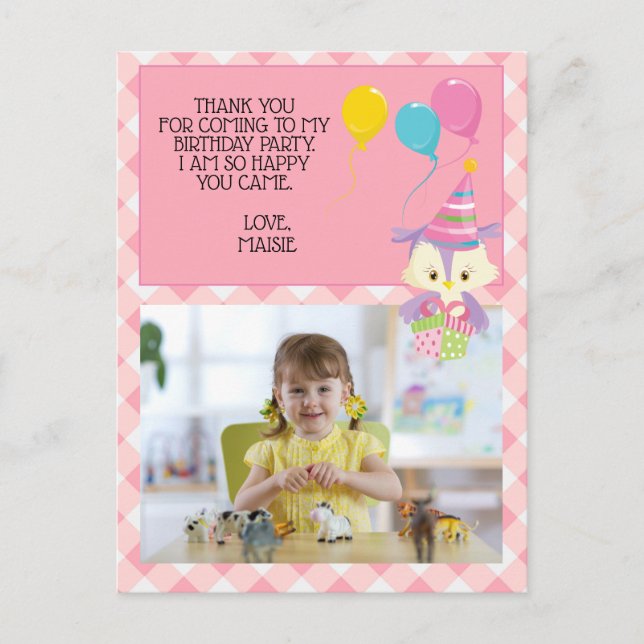 Uggla Balloon Rosa Gingham Birthday Photo Tack Vykort (Framsida)