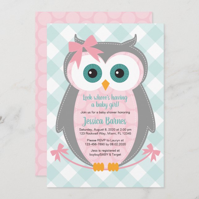 Uggla, barnduschinbjudan rosa grått mynta inbjudningar (Fram/baksida)