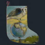 Uggla Beach Earth Globe Bird Wildlife Painting Liten Julstrumpa<br><div class="desc">Uggla och Globe - Ett vackert uggla sitta på en världskarta,  med en semesterbakgrund,  av konstnären Mary Hubley. En bild av en målning av en fågelkonst.</div>