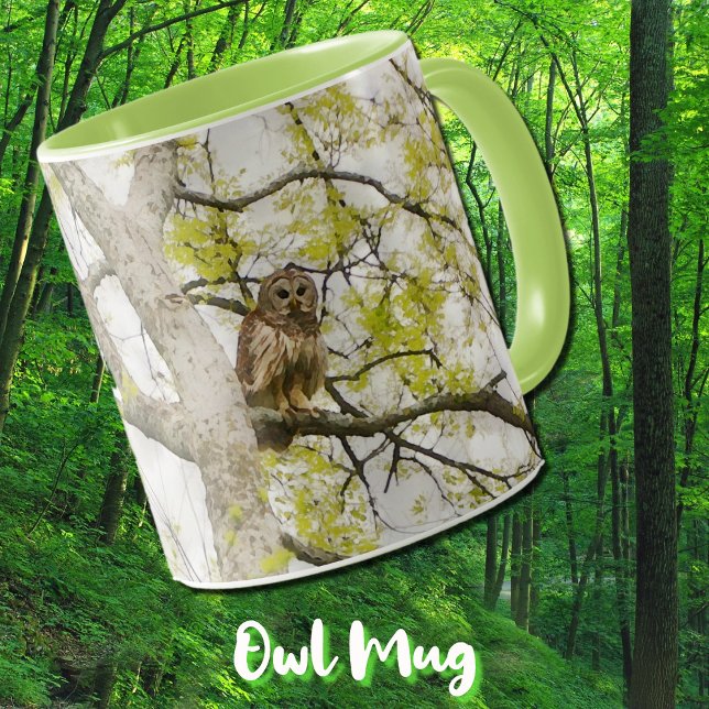 Uggla Bird i Träd Nature Mugg Kopp (A big owl in a tree, nature art on a stylish coffee mug.)