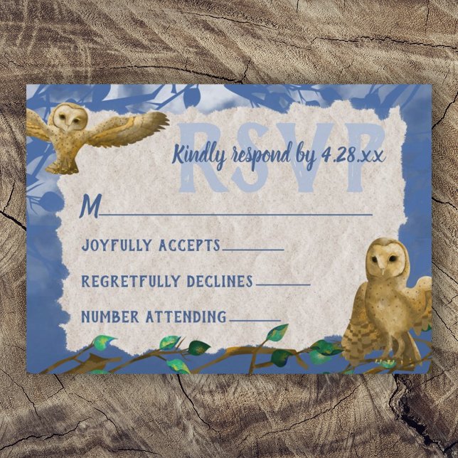 Uggla, Blue & Beige Pub Mitzvah OSA kort (Rustic blue beige brown owl forest bar mitzvah rsvp card, reply card, respond blue rsvp)