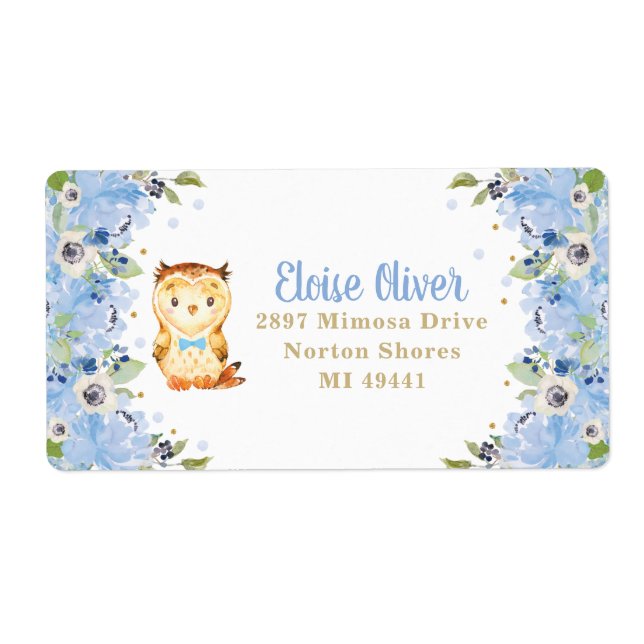 Uggla Blue Blommigt Baby Shower Boy Birthday Adres Fraktsedel (Framsidan)