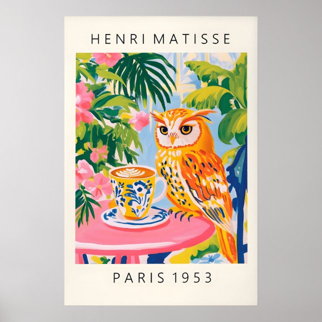 Uggla dricker kaffe konsttryck i Matisses stil Poster (Framsidan)