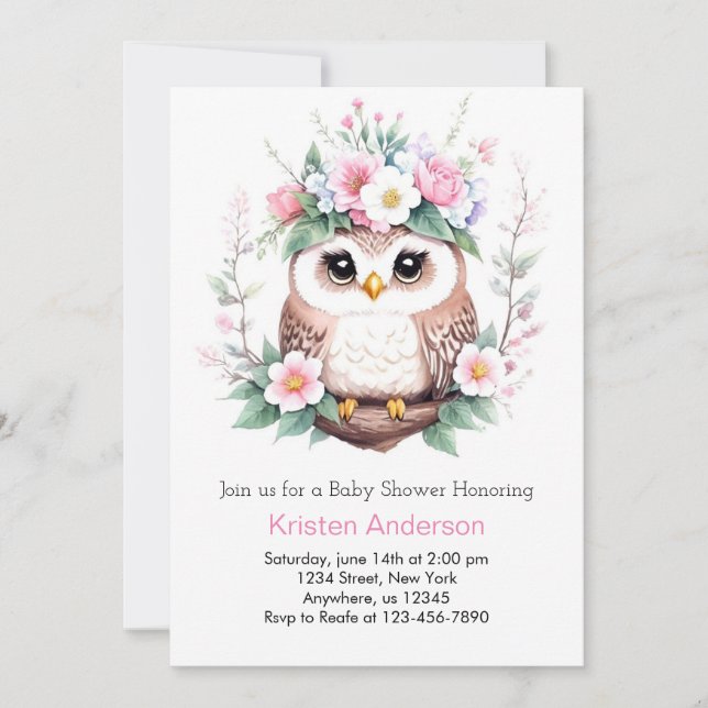 Uggla Enchanted Woodland Rosa Girl Baby Shower Inbjudningar (Framsida)