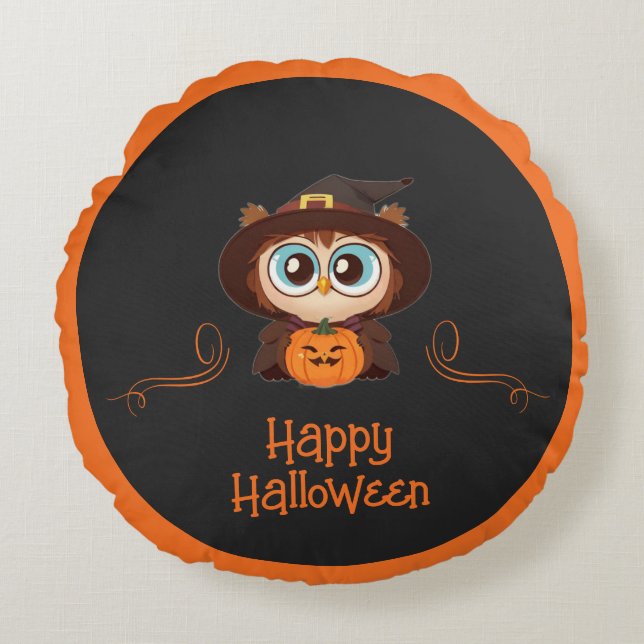 Uggla/fall/höst/Halloween/pumpa Rund Kudde (Framsidan)