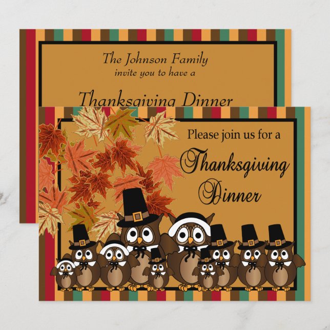 Uggla-familjens Thanksgiving Turkiet-middag Inbjudningar (Fram/baksida)