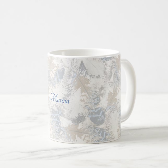 uggla Fjädrar, grått, beige och blue, fågel, ljus, Kaffemugg (Framsida höger)