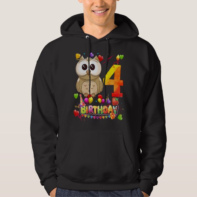 Uggla födelsedag 4 år gamla barn 4:e Uggla Hoodie (Framsida)