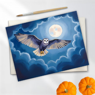 Uggla fullmåne Halloween akvarell Helg Vykort