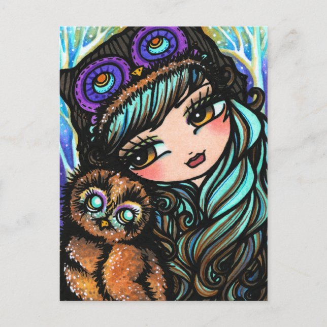 Uggla Girl Fairy Fantasy Art Postcard av Hannah Ly Vykort (Framsida)